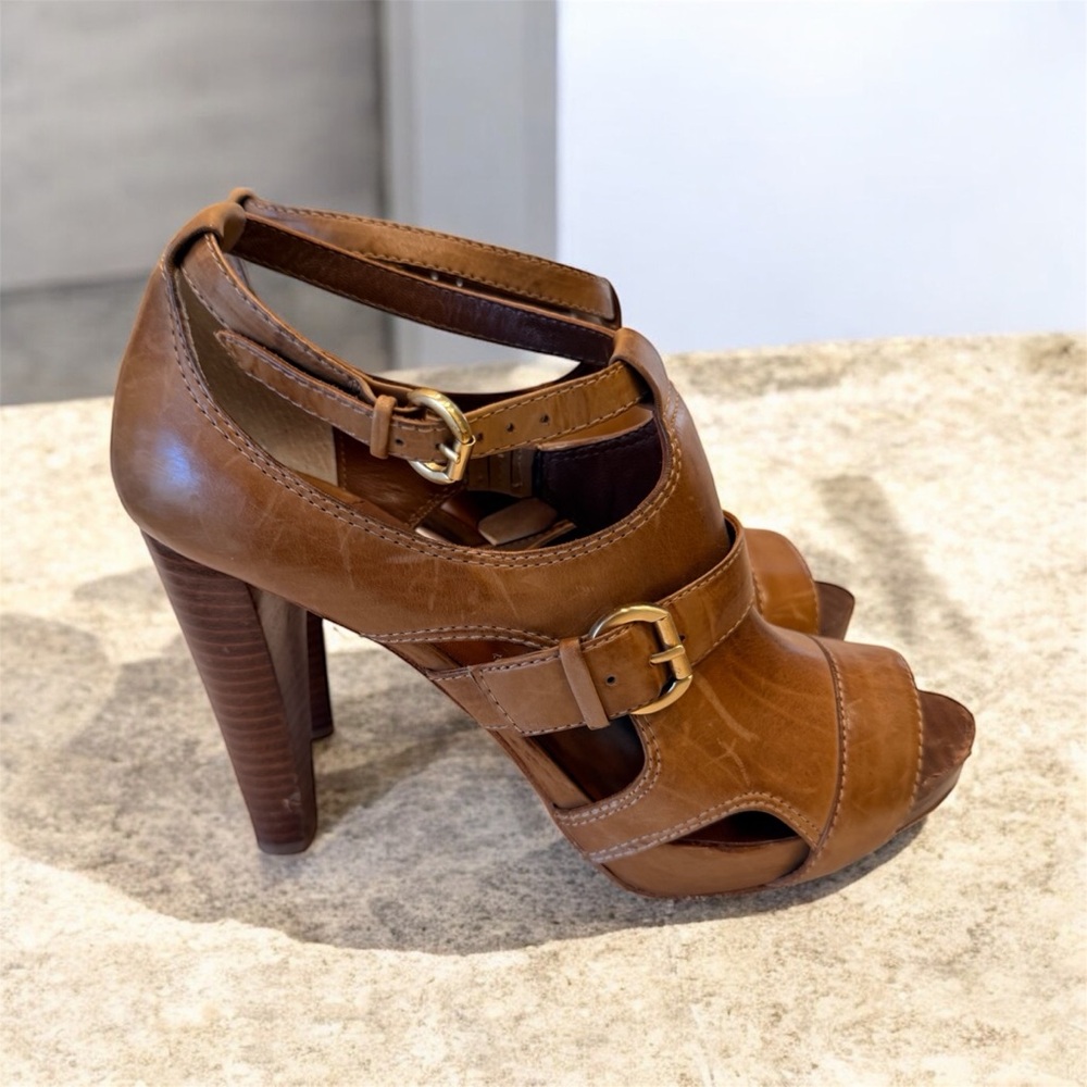 Max Studio Sandals Stiletto Platform Brown Leather Cross Strap Open Toe, Sz 8.5